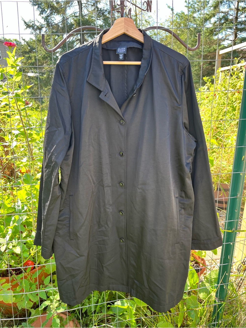 Eileen Fisher silk inner lining Black Long Button-Front Trench Coat 1X